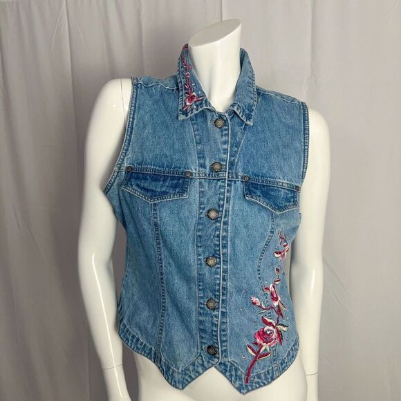 Vintage Tops - Vintage y2k Bill Blass Denim Vest Pink Flower Embroidered Western Size M